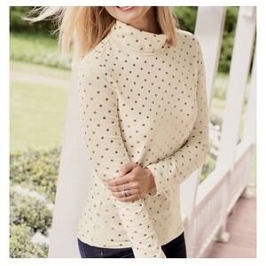 The Talbots Tee Cotton Stretch Turtleneck Off White Gold Metallic Dots Large EUC